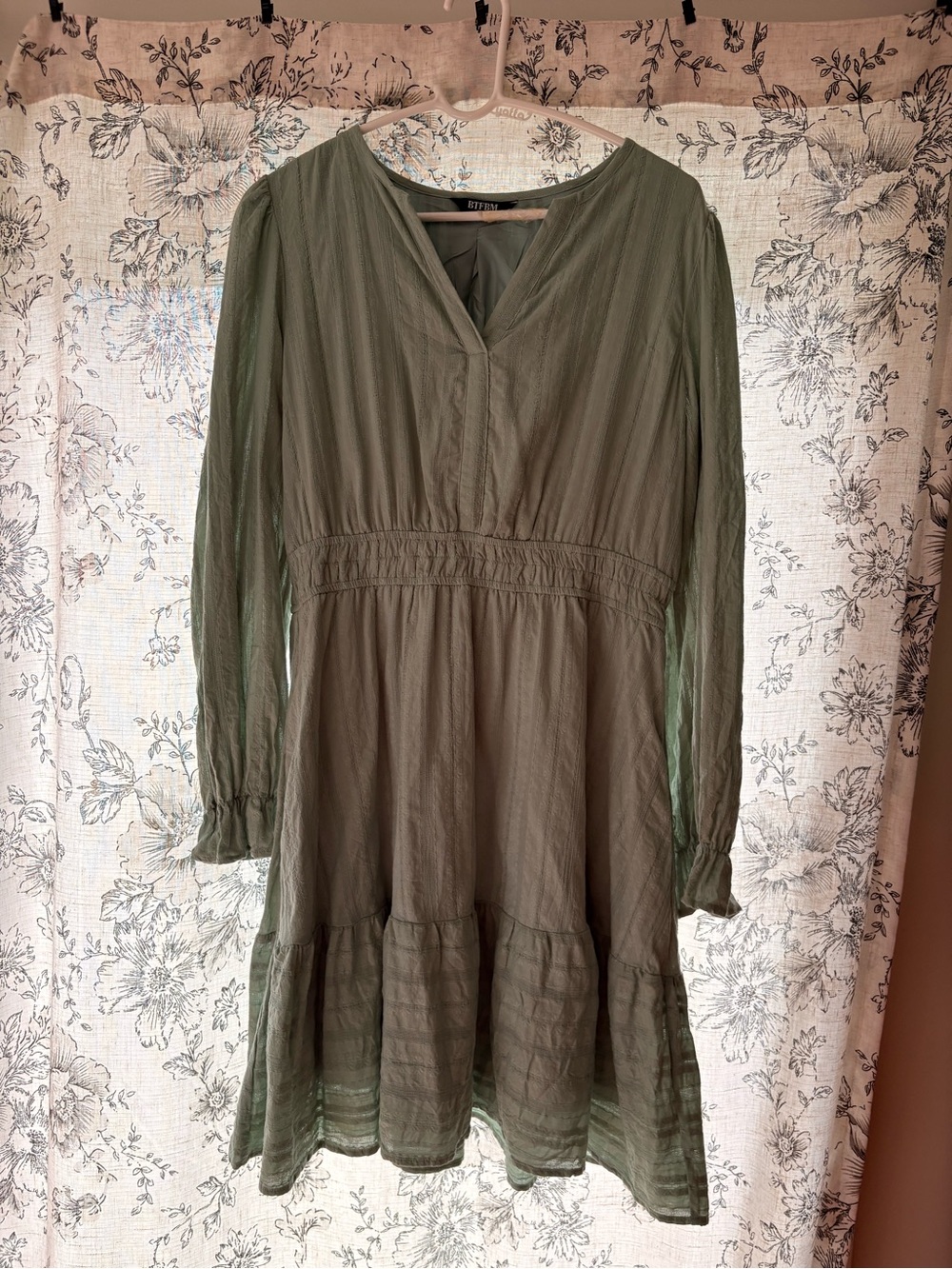 Lightweight Long Sleeve Bright Sage Green Tiered Dress